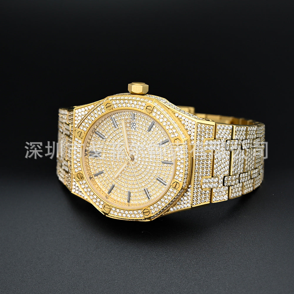 W007 42MM Moissanite Iced Out Octagonal Watch with Stainless Steel Metal Strap