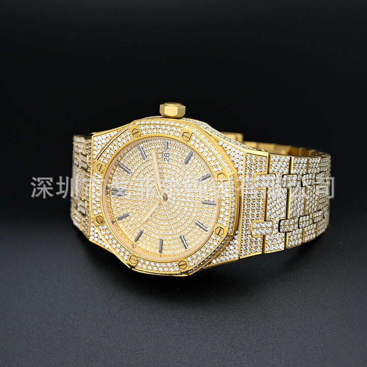 W007 42MM Moissanite Iced Out Octagonal Watch with Stainless Steel Metal Strap
