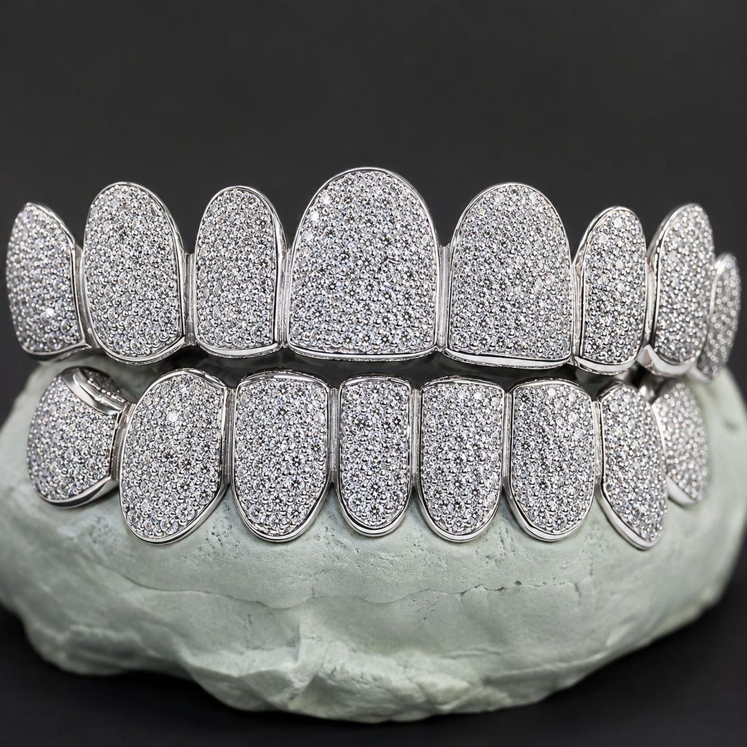 T006 S925 Sterling Silver Moissanite Grillz Fully Iced-Out Silver Teeth