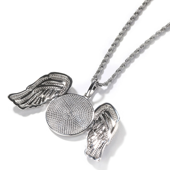 3D ZIRCON DIAMOND CIRCLE CUSTOM PICTURE PENDANT WITH ANGEL WINGS