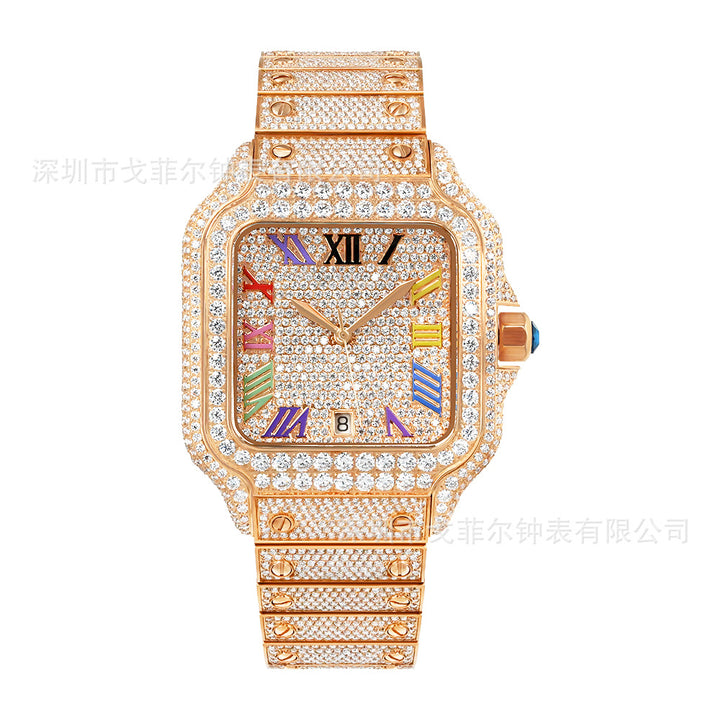 W008 40MM Moissanite Iced Out Square Watch Colorful Roman Numerals with Stainless Steel Metal Strap