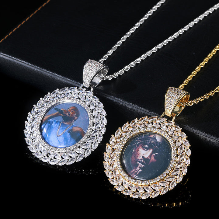 0730-Custom08 3D ZIRCON DIAMOND CIRCLE CUSTOM PICTURE PENDANT WITH 24 INCH 3MM ROPE CHAIN