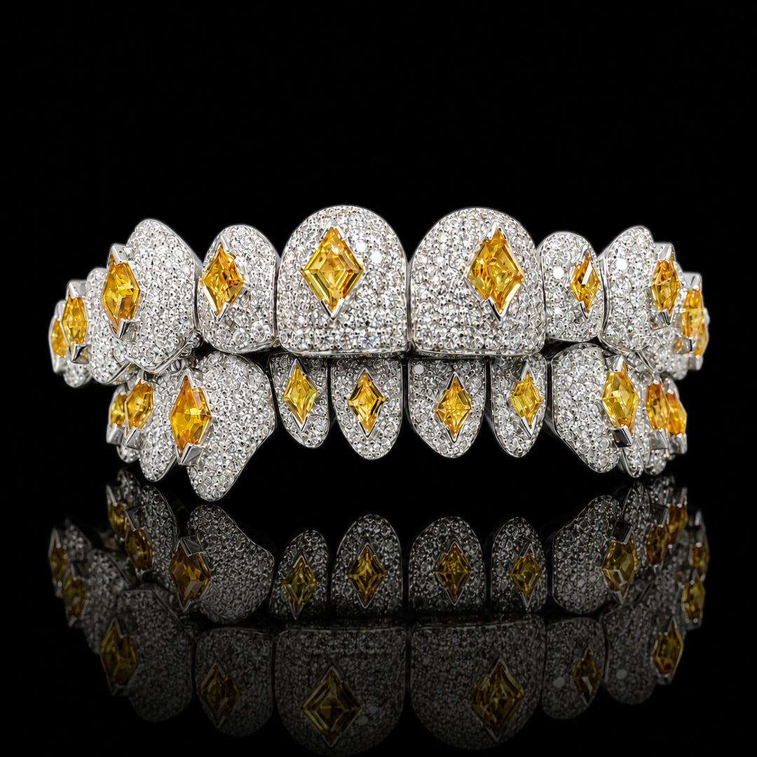 T001 S925 Sterling Silver Moissanite Grillz Iced Out Yellow Kite Cut Tooth Grillz