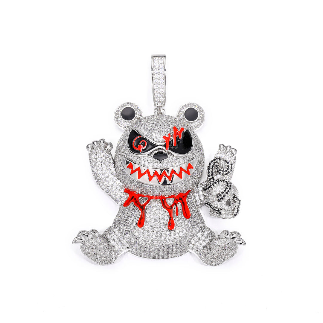 Iced Out Evil Teddy Bear Zircon Diamond Pendant Necklace with 24" Rope Chain