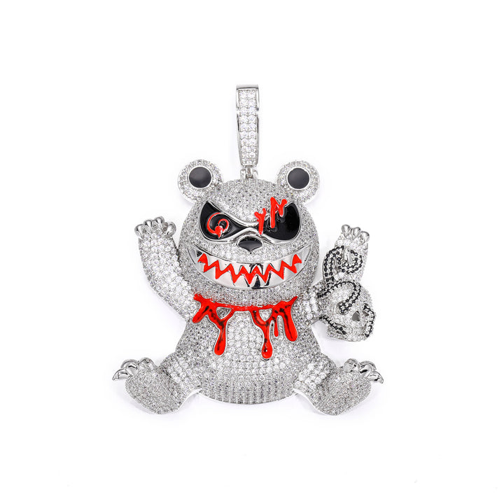Iced Out Evil Teddy Bear Zircon Diamond Pendant Necklace with 24" Rope Chain