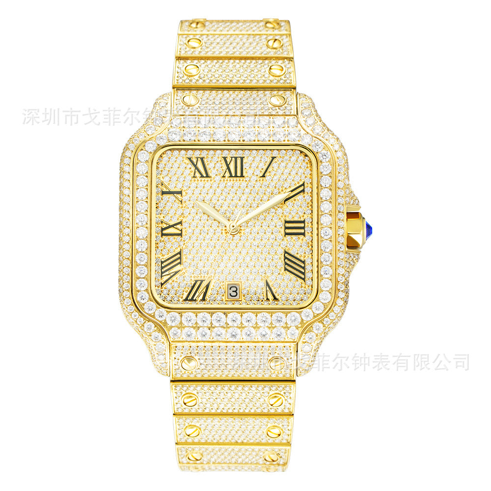 W009 40MM Full Iced Out Square Watch Diamond Studded Stainless Steel Case &amp; Metal Strap
