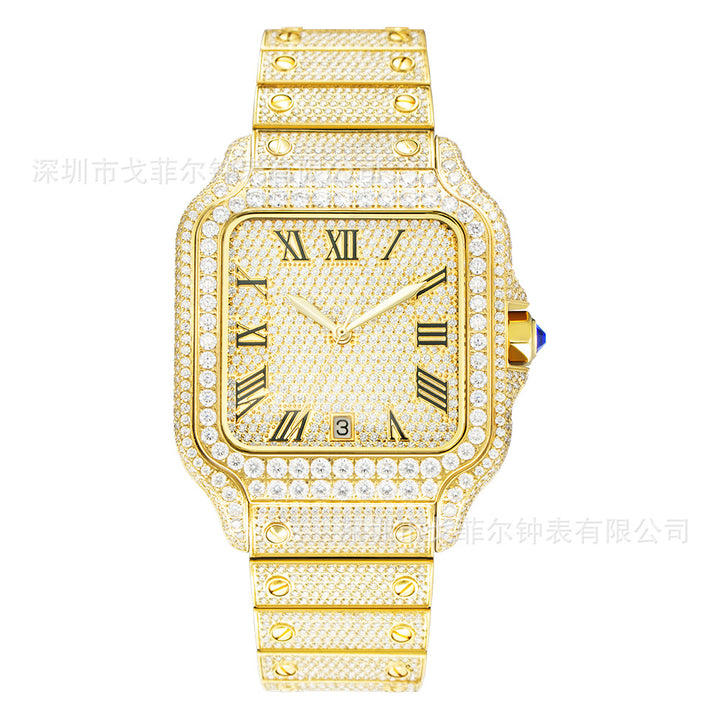 W009 40MM Full Iced Out Square Watch Diamond Studded Stainless Steel Case &amp; Metal Strap