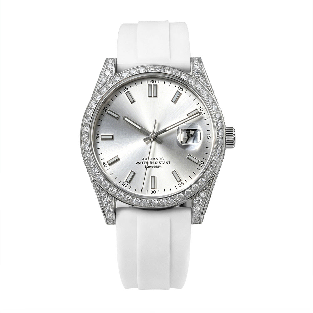 W005 40MM Luxury Automatic Watch with Diamond Bezel Stainless Steel Case &amp; Silicone Strap