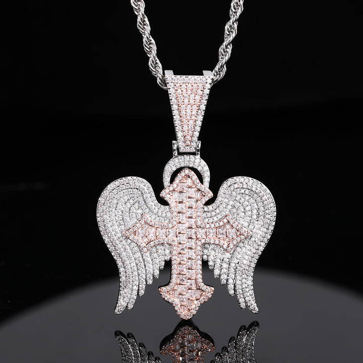 0730-Pendant06 3D ZIRCON DIAMOND ANGEL WINGS PENDANT WITH 24 INCH 3MM ROPE CHAIN