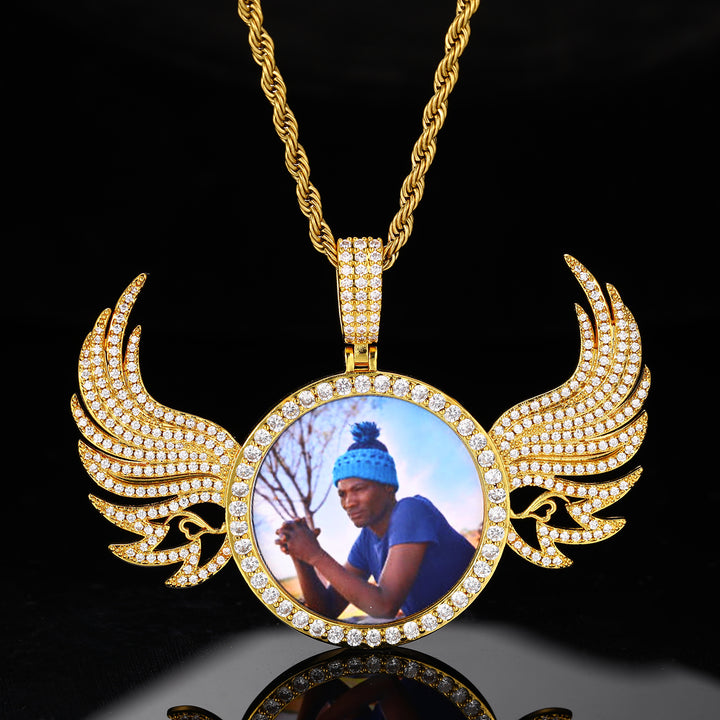 0730-Custom06 3D ZIRCON DIAMOND ANGEL WINGS CUSTOM PICTURE PENDANT WITH ROPE CHAIN