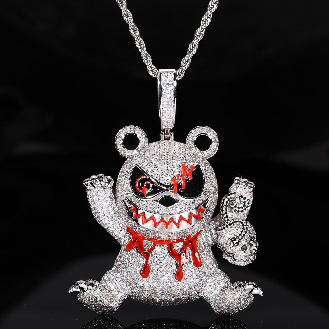 Iced Out Evil Teddy Bear Zircon Diamond Pendant Necklace with 24" Rope Chain
