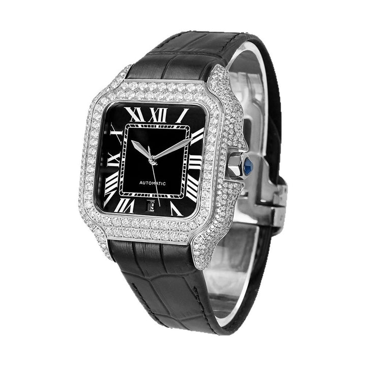 W010 40MM Iced Out Square Automatic Watch Luxury Diamond Studded Stainless Steel Case