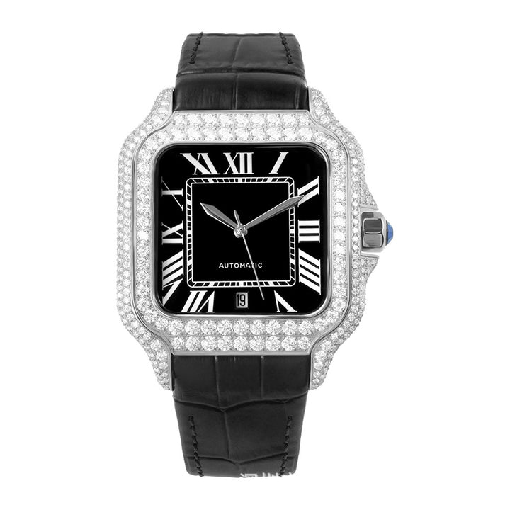 W010 40MM Iced Out Square Automatic Watch Luxury Diamond Studded Stainless Steel Case