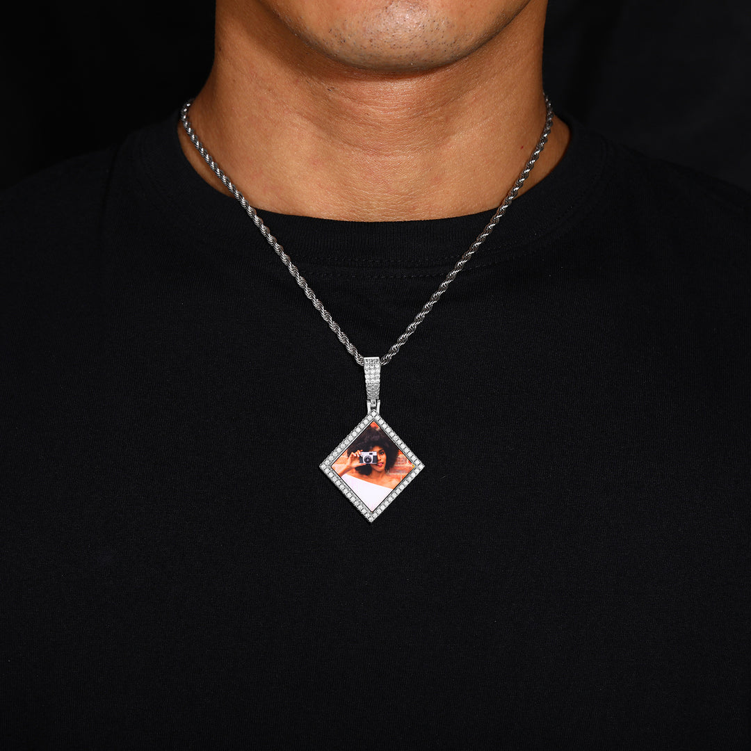 Custom Photo Zircon Diamond Shape Medallion Pendant