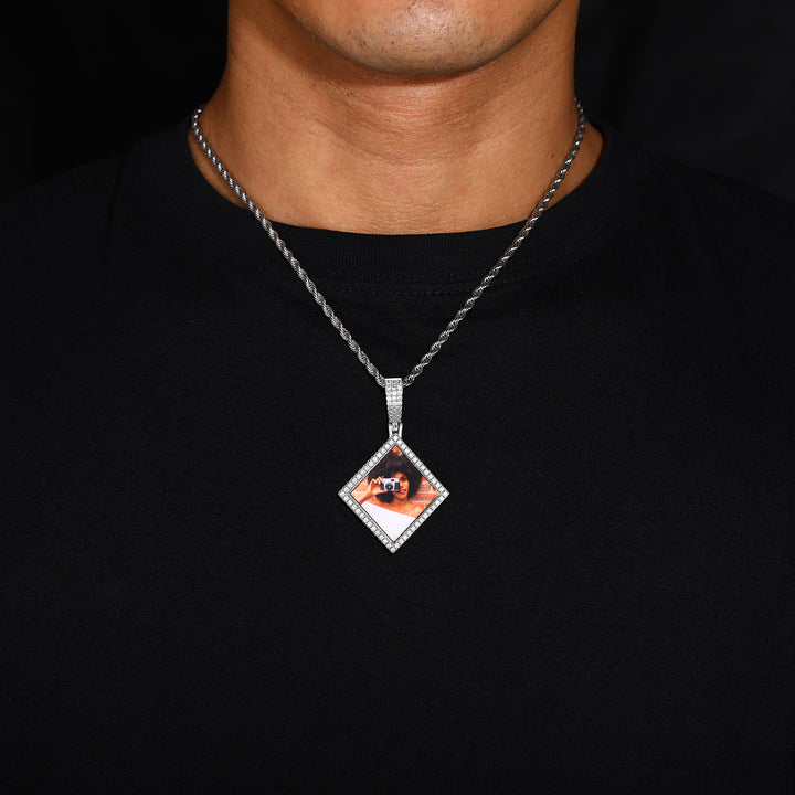 Custom Photo Zircon Diamond Shape Medallion Pendant