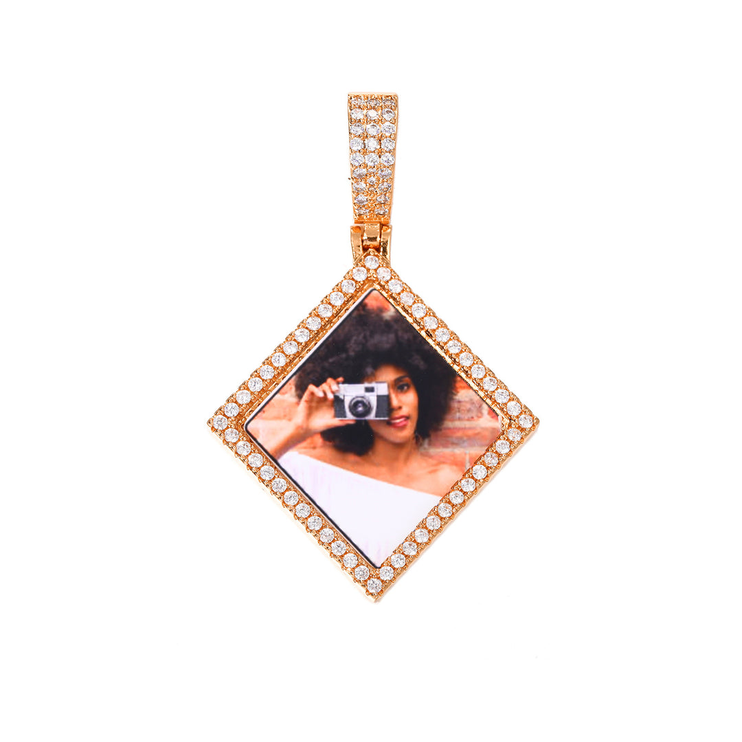 Custom Photo Zircon Diamond Shape Medallion Pendant