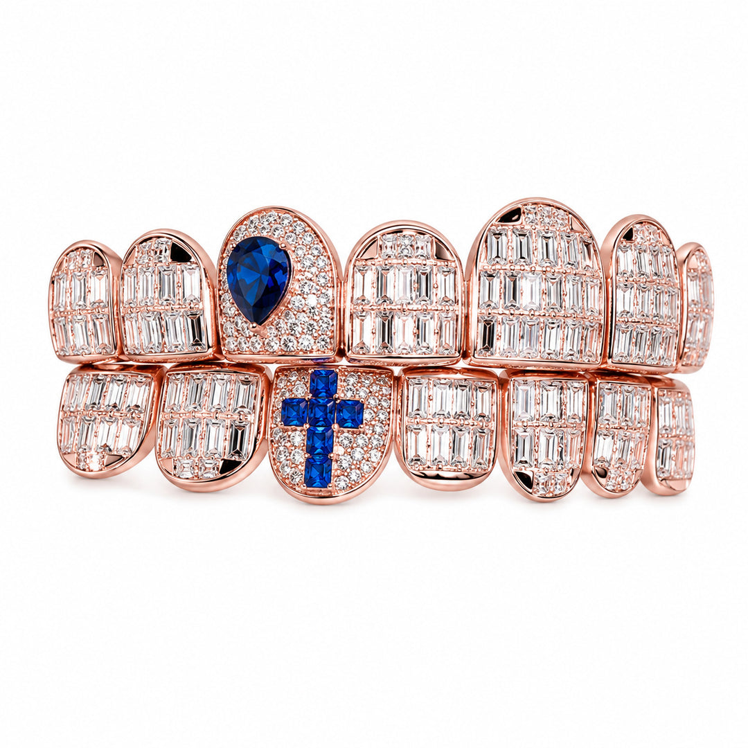 T002 S925 Sterling Silver Rose Gold Plated Baguette Moissanite Grillz