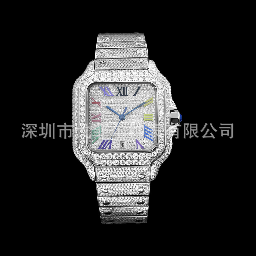 W006 40MM Full Moissanite Iced Out Watch Square Studded Case