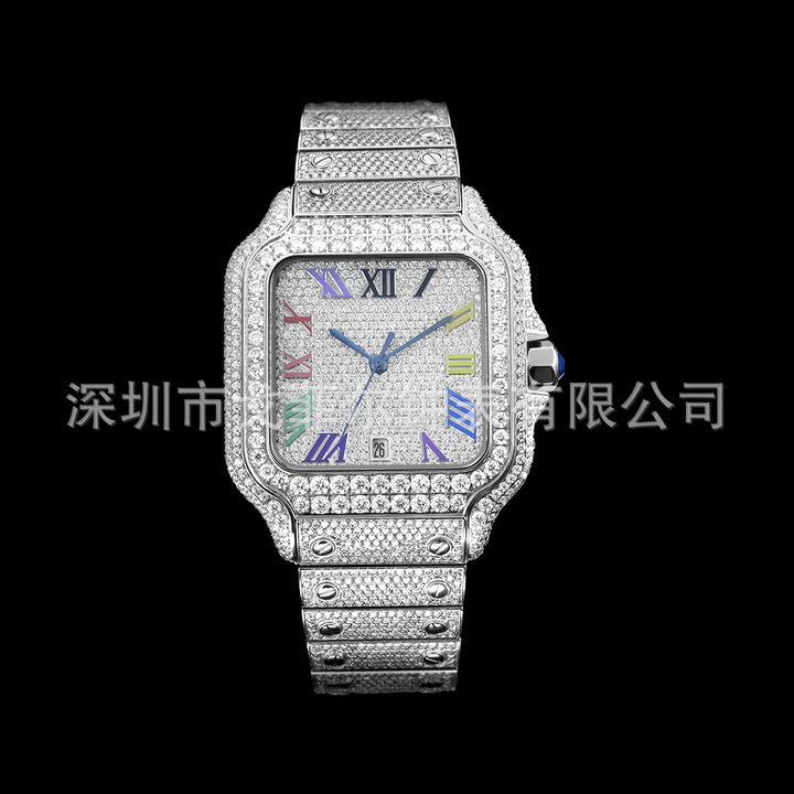 W006 40MM Full Moissanite Iced Out Watch Square Studded Case