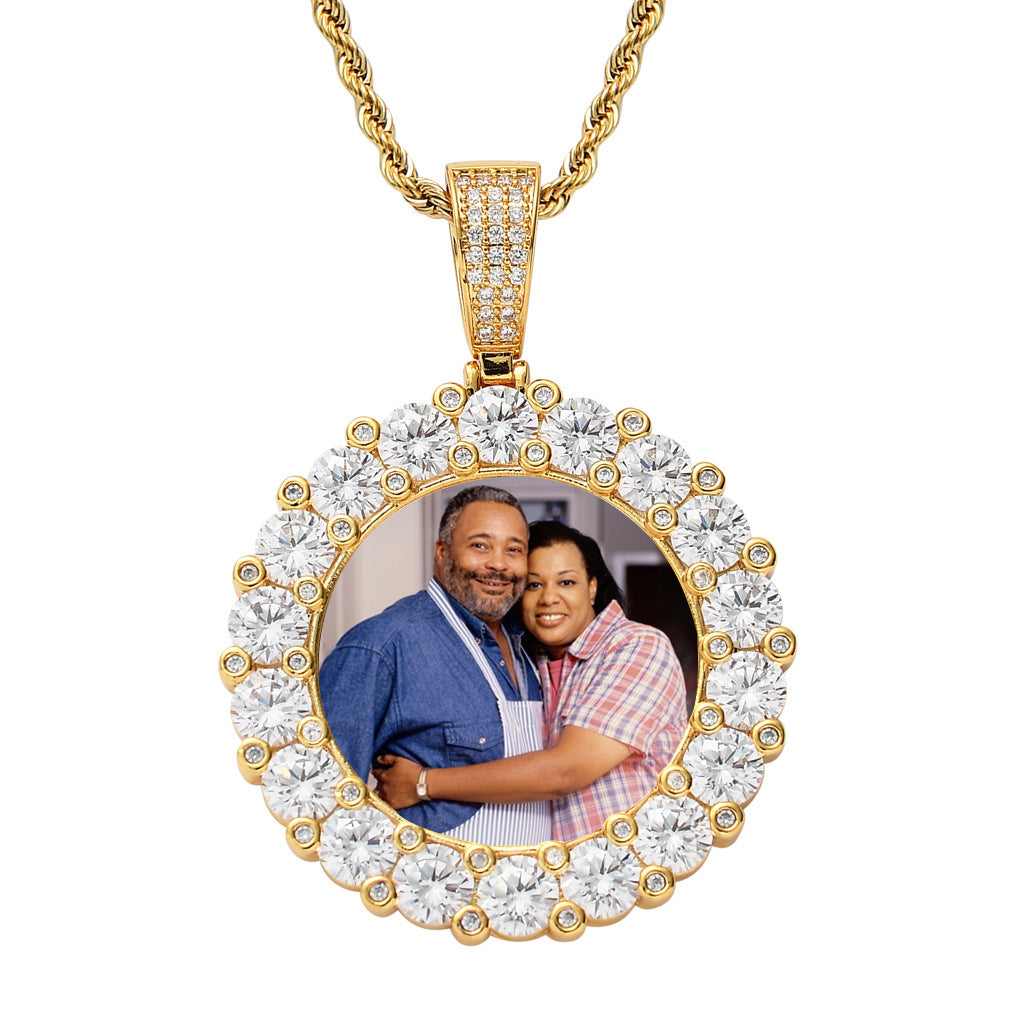 3D ZIRCON DIAMOND 14K CIRCLE CUSTOM PICTURE PENDANT