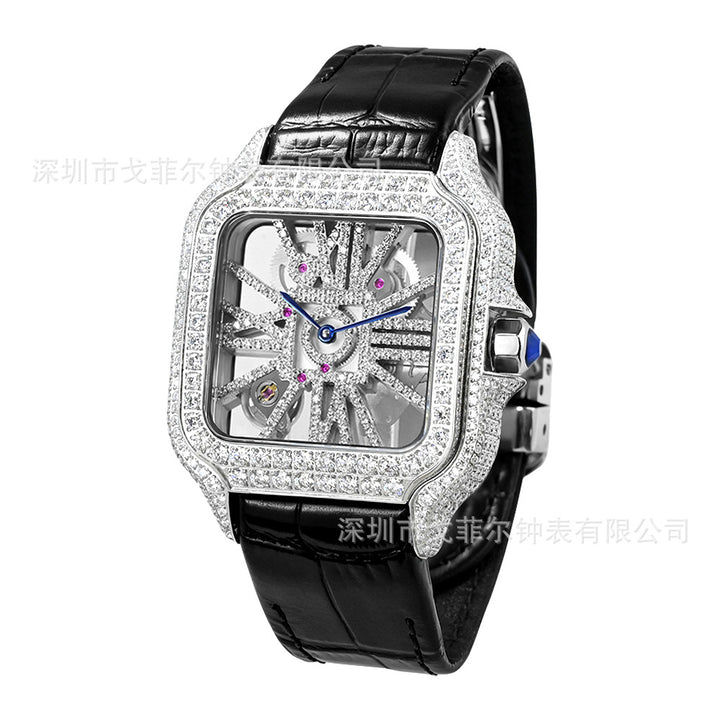 W002 40MM Moissanite Square Watch - Iced Out Pave Case Leather Strap