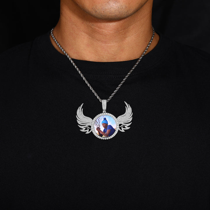0730-Custom06 3D ZIRCON DIAMOND ANGEL WINGS CUSTOM PICTURE PENDANT WITH ROPE CHAIN