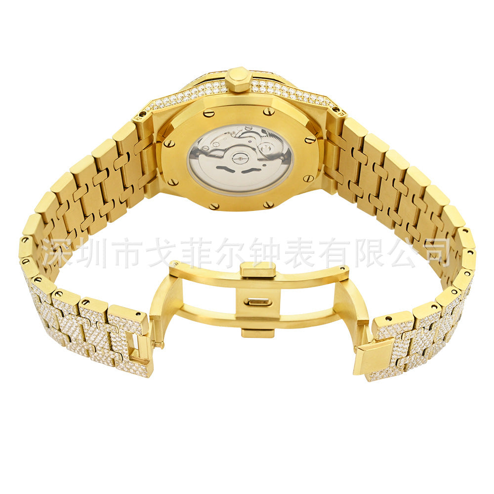 W007 42MM Moissanite Iced Out Octagonal Watch with Stainless Steel Metal Strap