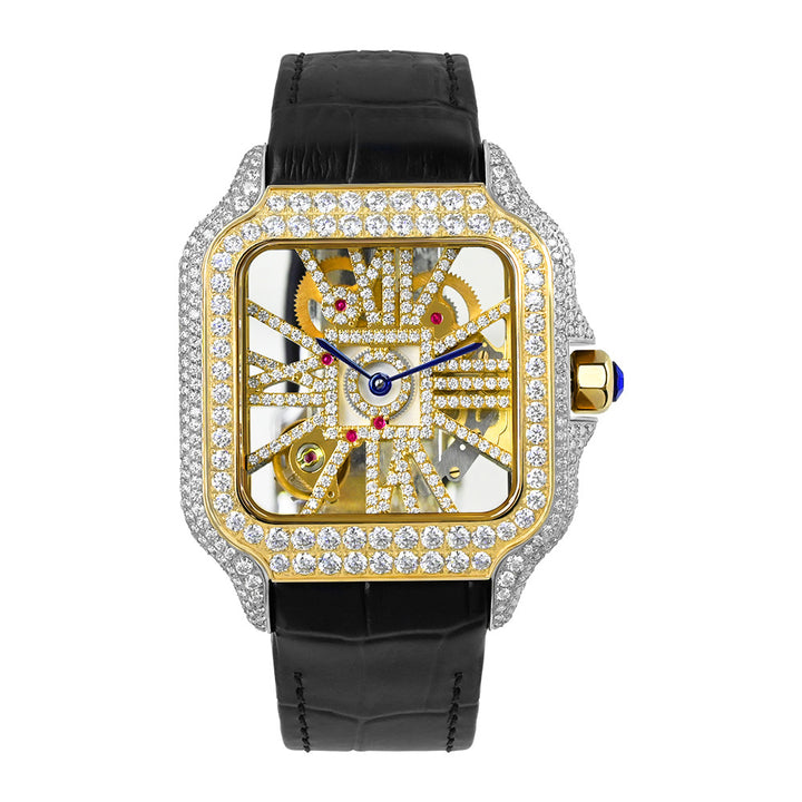 W002 40MM Moissanite Square Watch - Iced Out Pave Case Leather Strap