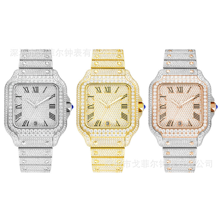 W009 40MM Full Iced Out Square Watch Diamond Studded Stainless Steel Case &amp; Metal Strap