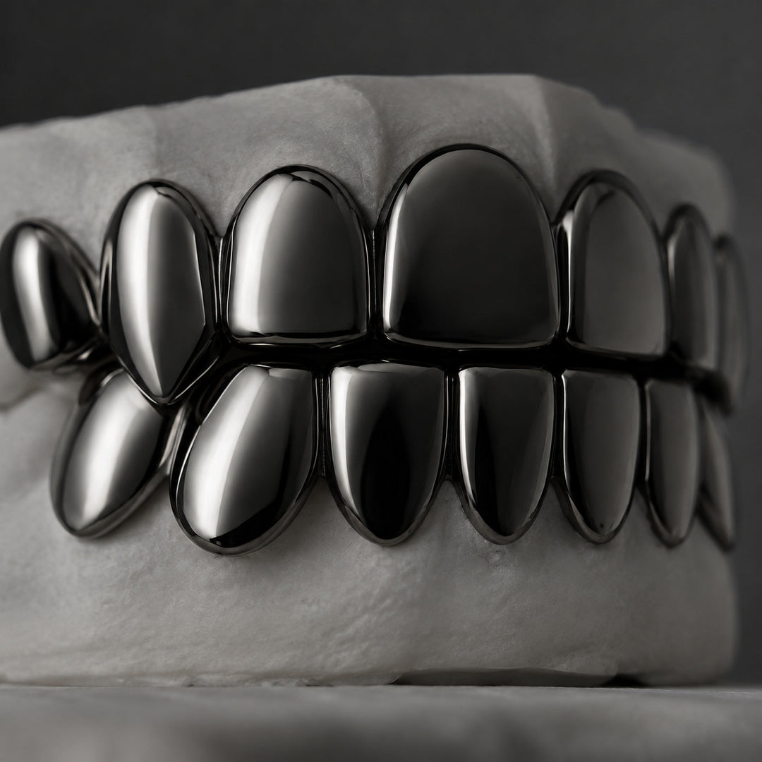 T009 S925 Sterling Silver Moissanite Grillz Black High-Polish Finish
