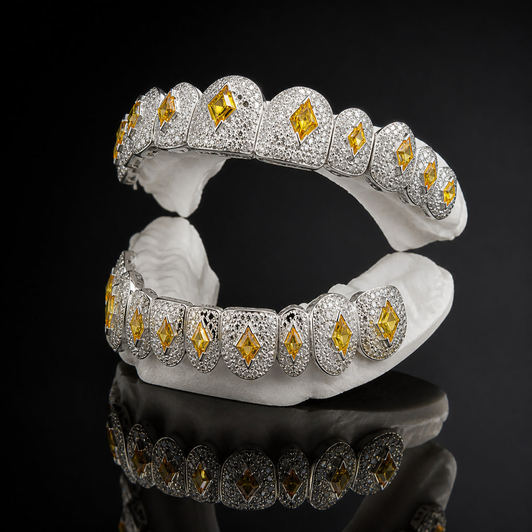 T001 S925 Sterling Silver Moissanite Grillz Iced Out Yellow Kite Cut Tooth Grillz