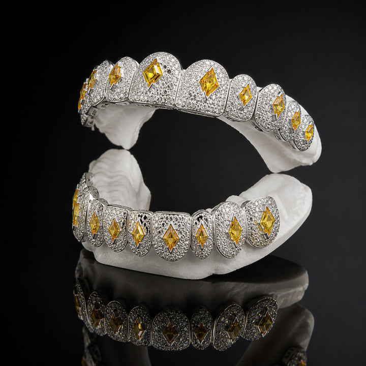 T001 S925 Sterling Silver Moissanite Grillz Iced Out Yellow Kite Cut Tooth Grillz