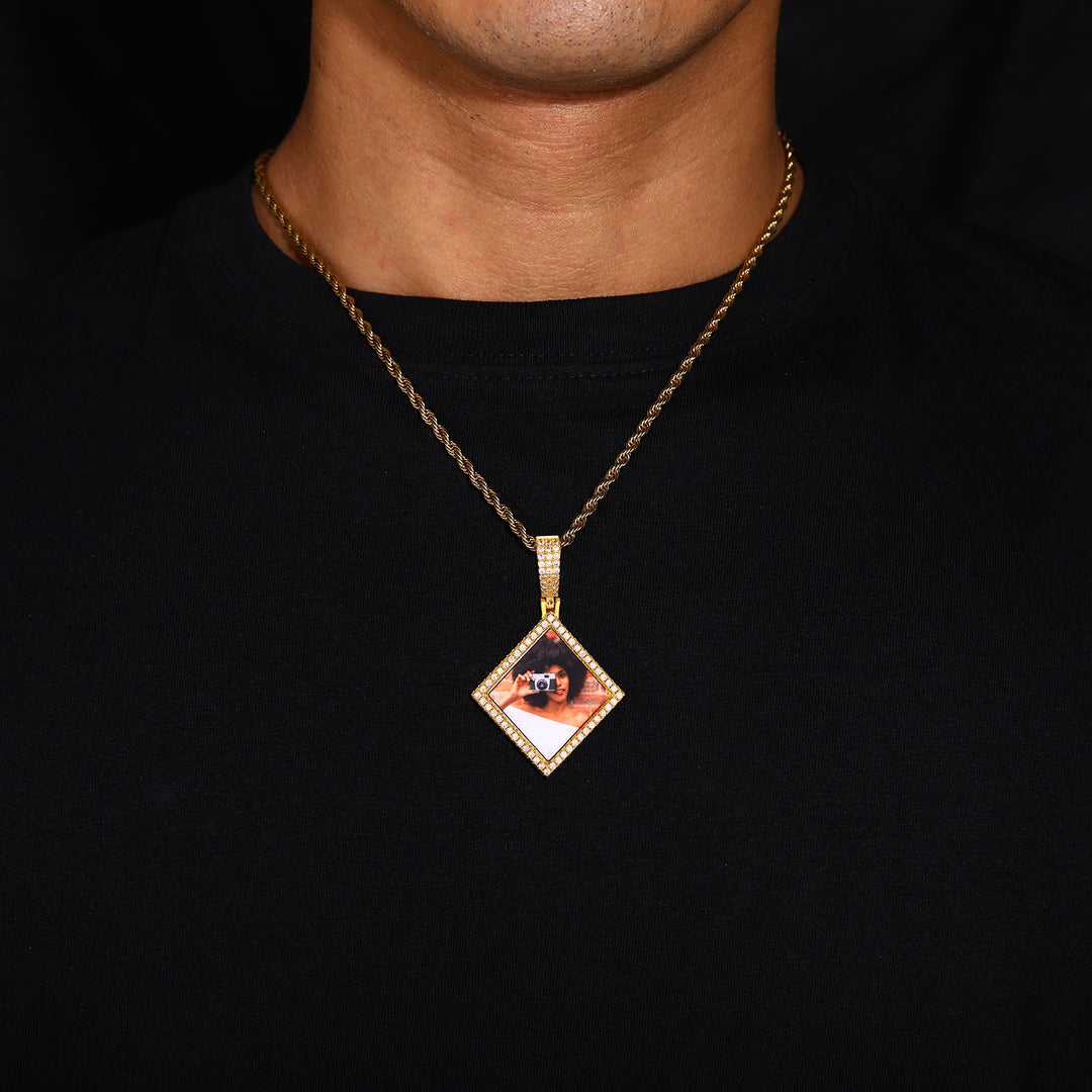 Custom Photo Zircon Diamond Shape Medallion Pendant
