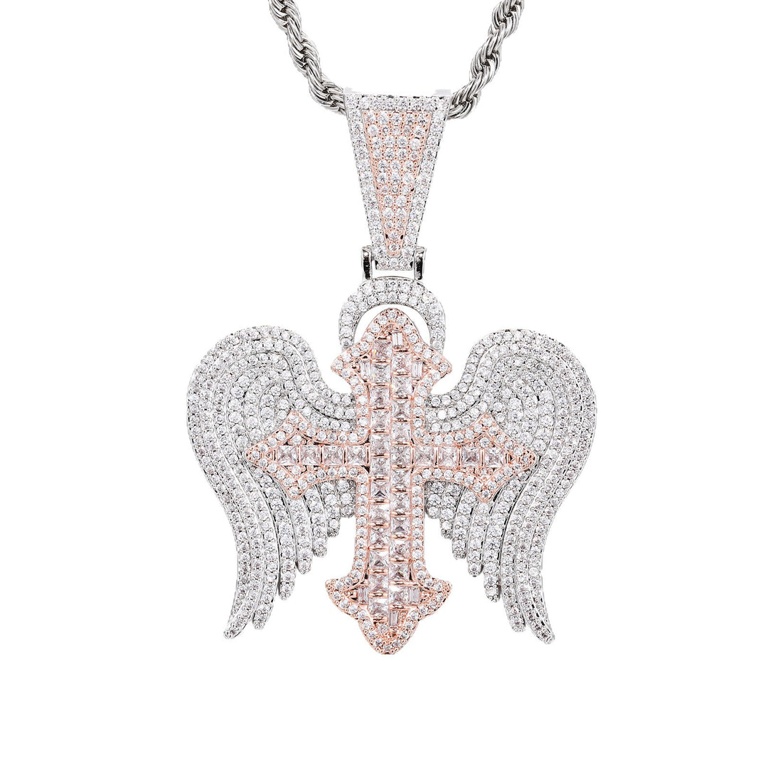 0730-Pendant06 3D ZIRCON DIAMOND ANGEL WINGS PENDANT WITH 24 INCH 3MM ROPE CHAIN