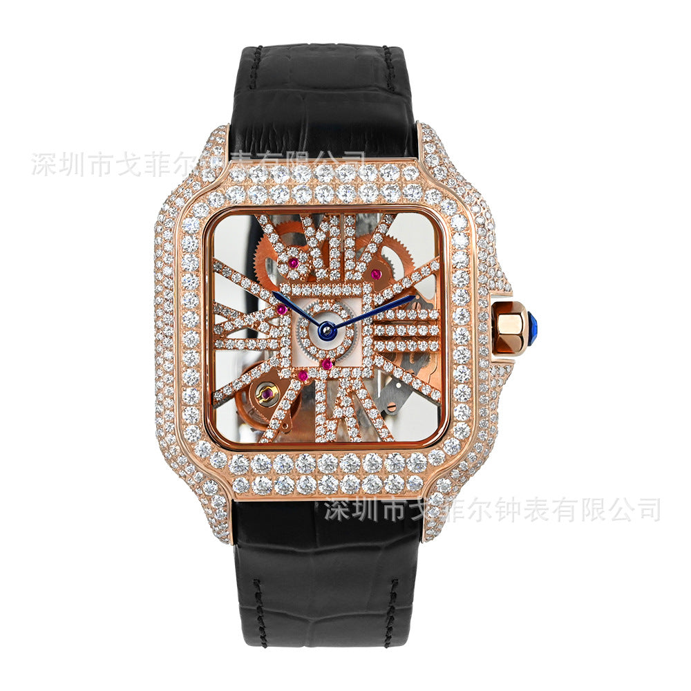 W002 40MM Moissanite Square Watch - Iced Out Pave Case Leather Strap