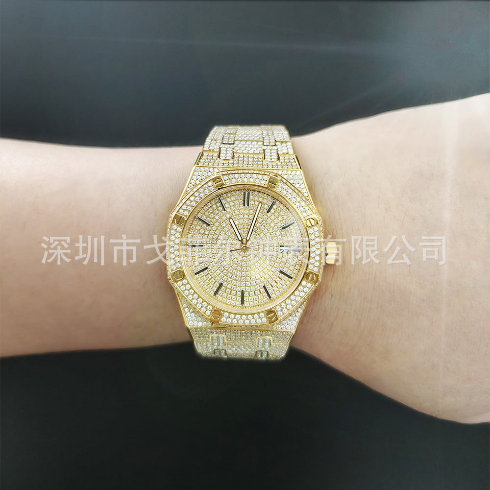 W007 42MM Moissanite Iced Out Octagonal Watch with Stainless Steel Metal Strap