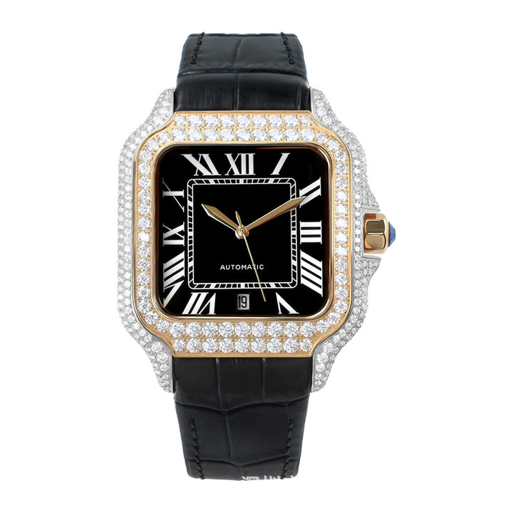 W010 40MM Iced Out Square Automatic Watch Luxury Diamond Studded Stainless Steel Case