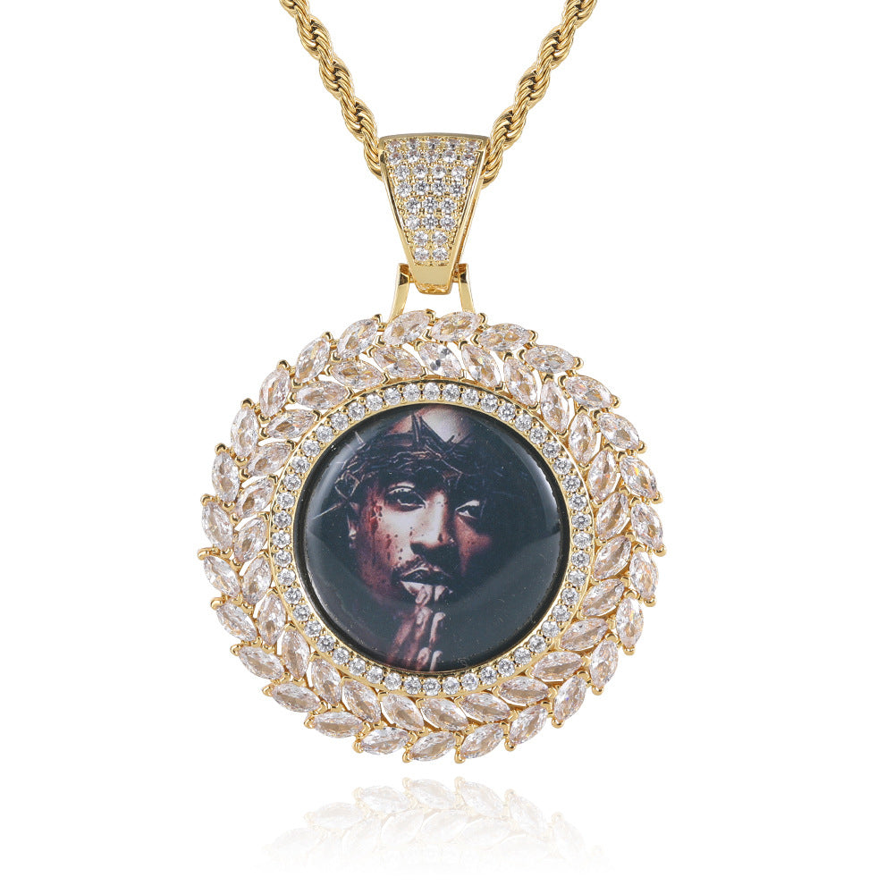 0730-Custom08 3D ZIRCON DIAMOND CIRCLE CUSTOM PICTURE PENDANT WITH 24 INCH 3MM ROPE CHAIN