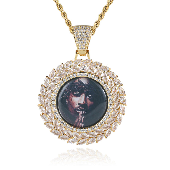 0730-Custom08 3D ZIRCON DIAMOND CIRCLE CUSTOM PICTURE PENDANT WITH 24 INCH 3MM ROPE CHAIN