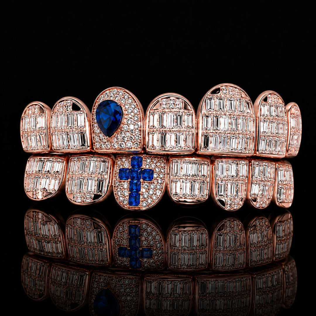 T002 S925 Sterling Silver Rose Gold Plated Baguette Moissanite Grillz