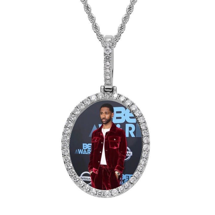 Custom CZ Iced Out Oval Photo Medallion Pendant 24" Rope Chain