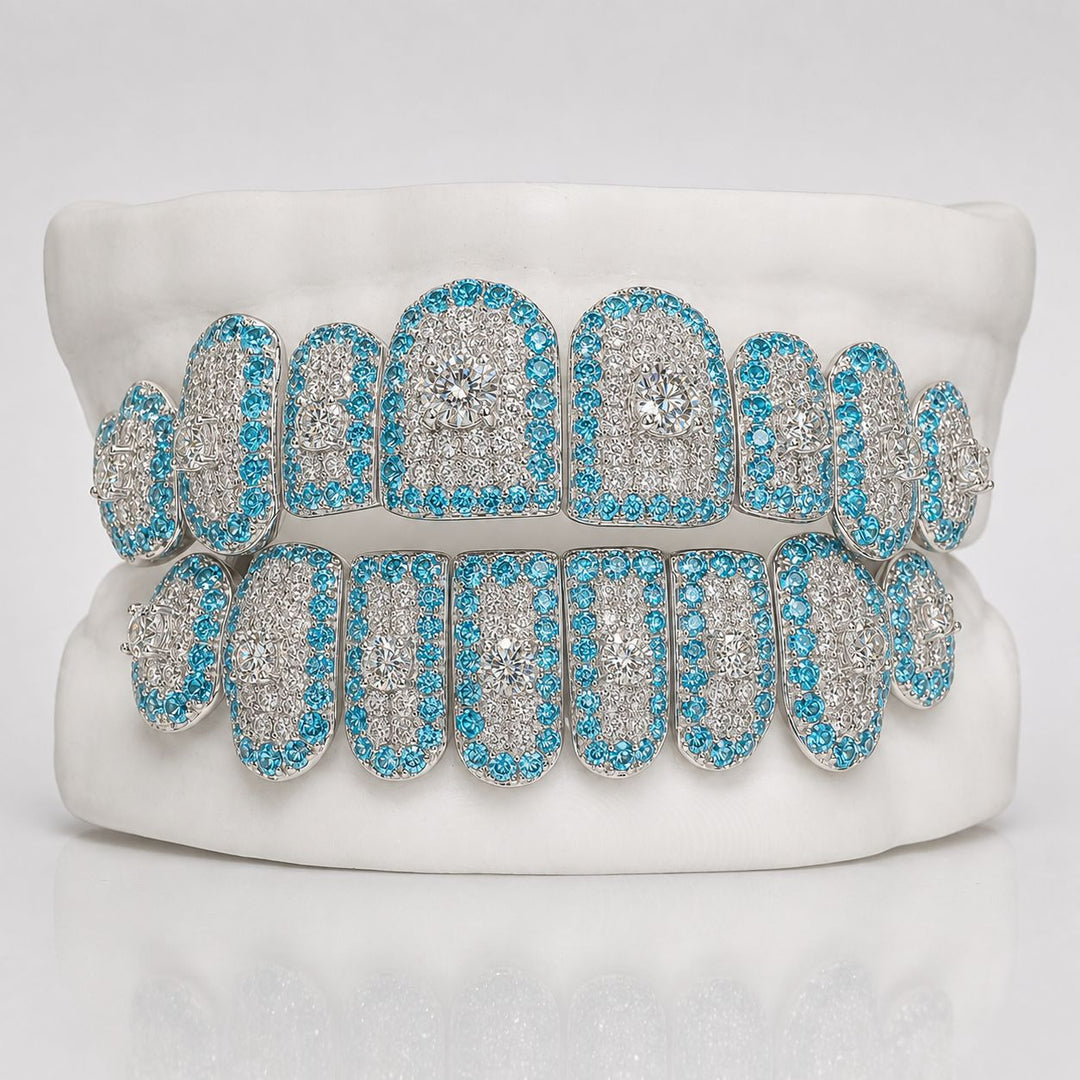 T004 S925 Silver Blue Iced Out Moissanite Grillz