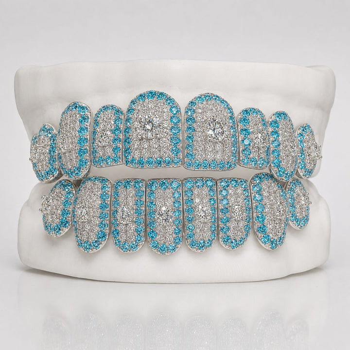 T004 S925 Silver Blue Iced Out Moissanite Grillz