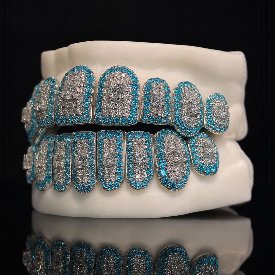 T004 S925 Silver Blue Iced Out Moissanite Grillz