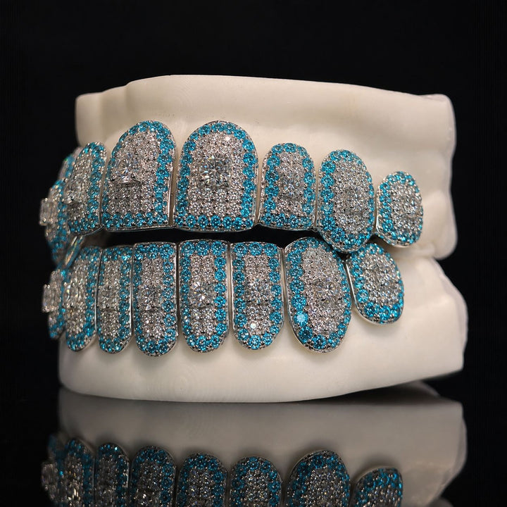 T004 S925 Silver Blue Iced Out Moissanite Grillz