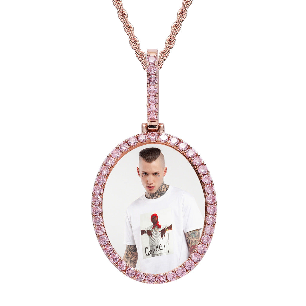 Custom CZ Iced Out Oval Photo Medallion Pendant 24" Rope Chain