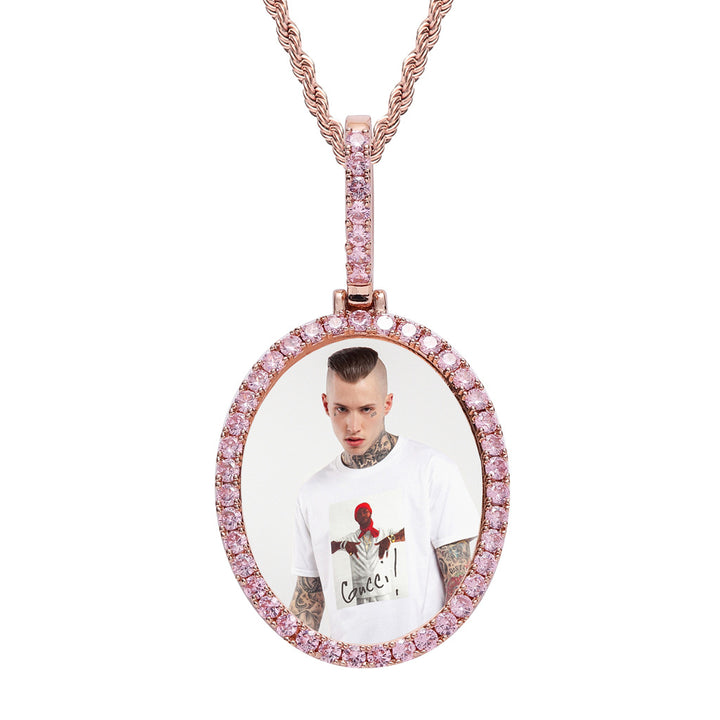 Custom CZ Iced Out Oval Photo Medallion Pendant 24" Rope Chain