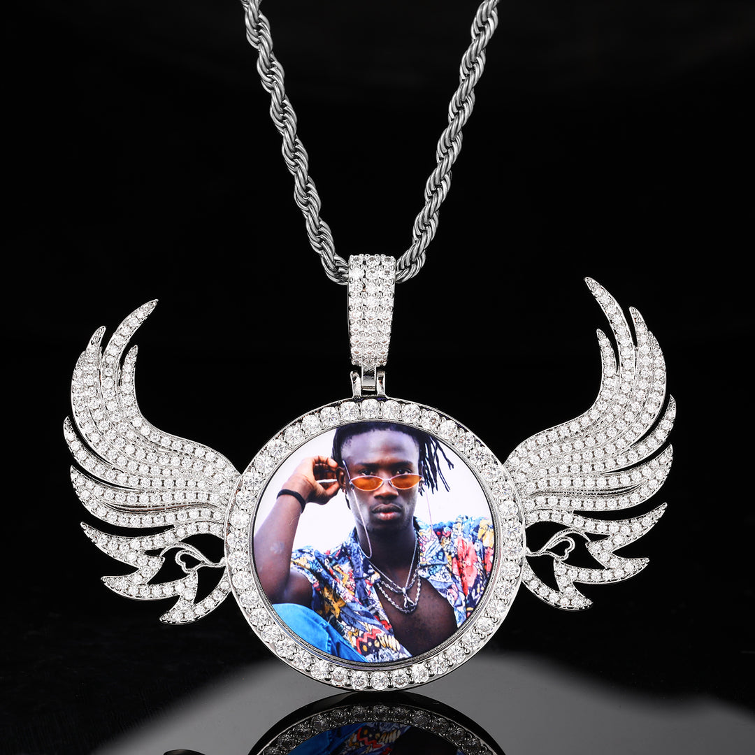 0730-Custom06 3D ZIRCON DIAMOND ANGEL WINGS CUSTOM PICTURE PENDANT WITH ROPE CHAIN