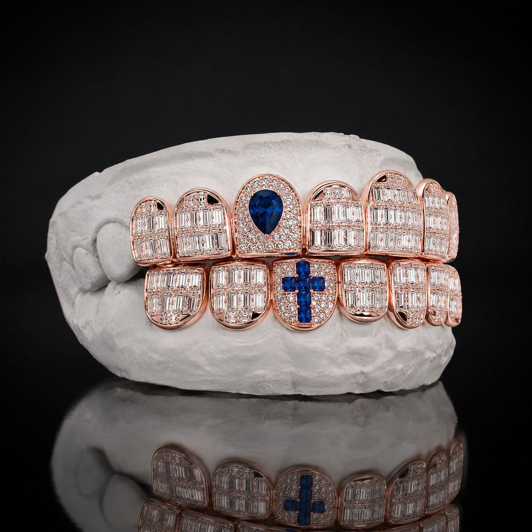T002 S925 Sterling Silver Rose Gold Plated Baguette Moissanite Grillz