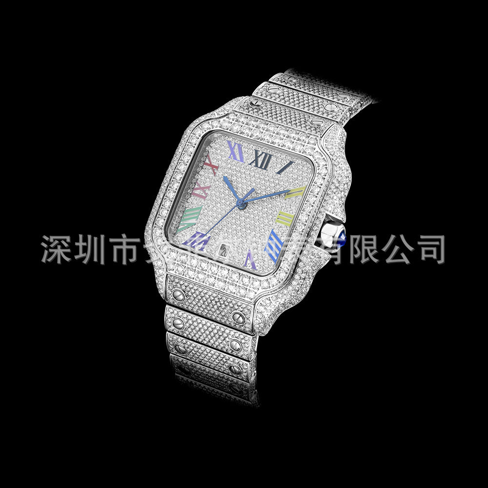 W006 40MM Full Moissanite Iced Out Watch Square Studded Case
